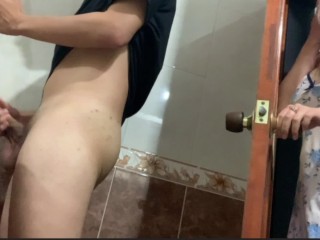 My stepmother catches me masturbating in the bathroom and decides to help me finish
