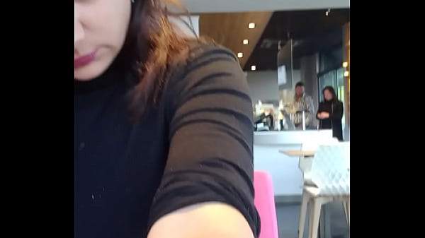 Brunette in cafe in public shows her big tits Nellyes