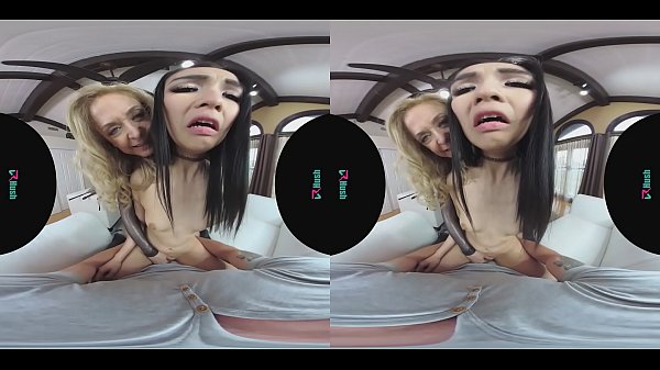 Threesome with a hot blonde mom and a petite Asian babe in virtual reality