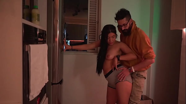 Beauty colombian seducing Cipriani in his kitchen